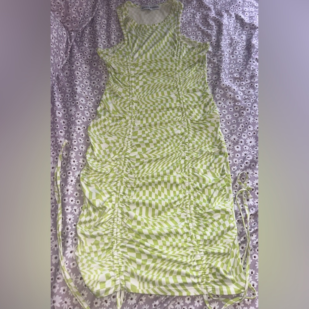 Almost Famous Lime Check Ruched Midi Dress